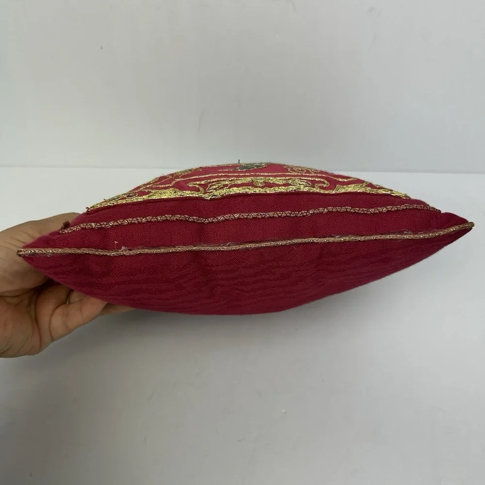 Vintage Red Silk Embroidered Chinese Phoenix Decorative Pillow Gold Thread Asian